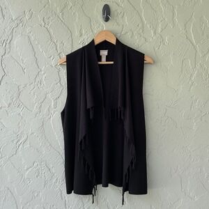 Chico's Women's 1 Black Medium Festive Fringe Open Front Vest Cardigan Top NWOT
